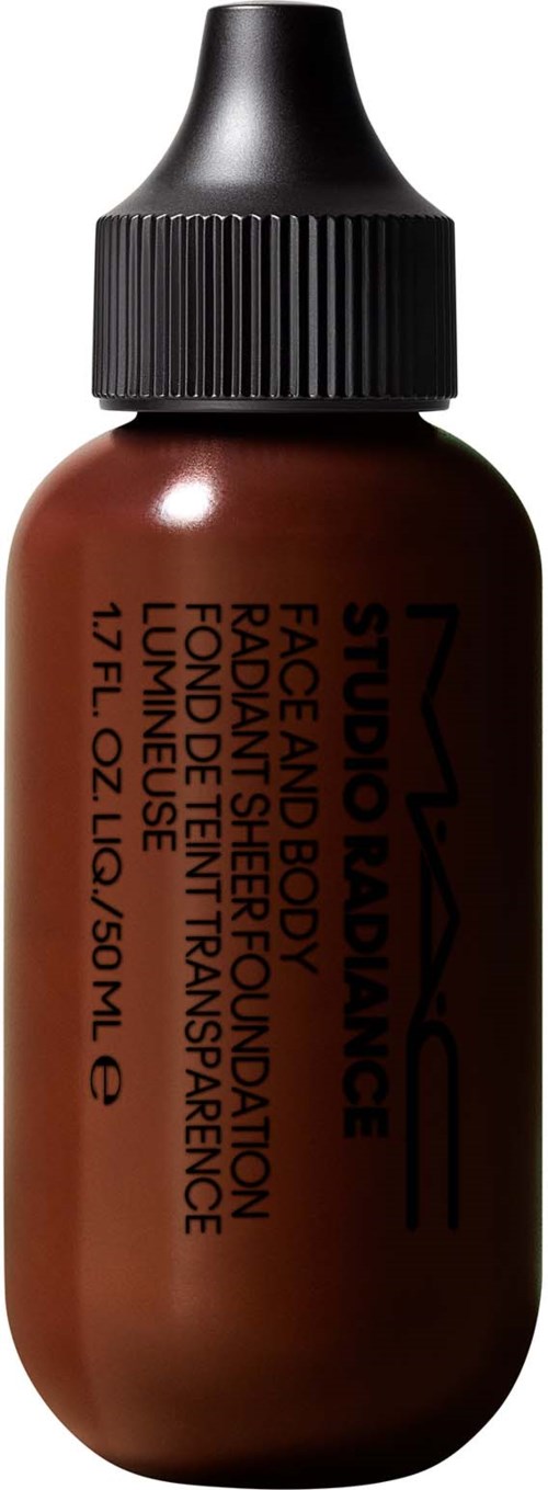 A small brown bottle with a black dropper cap, containing MAC Face and Body Foundation luminous finish.