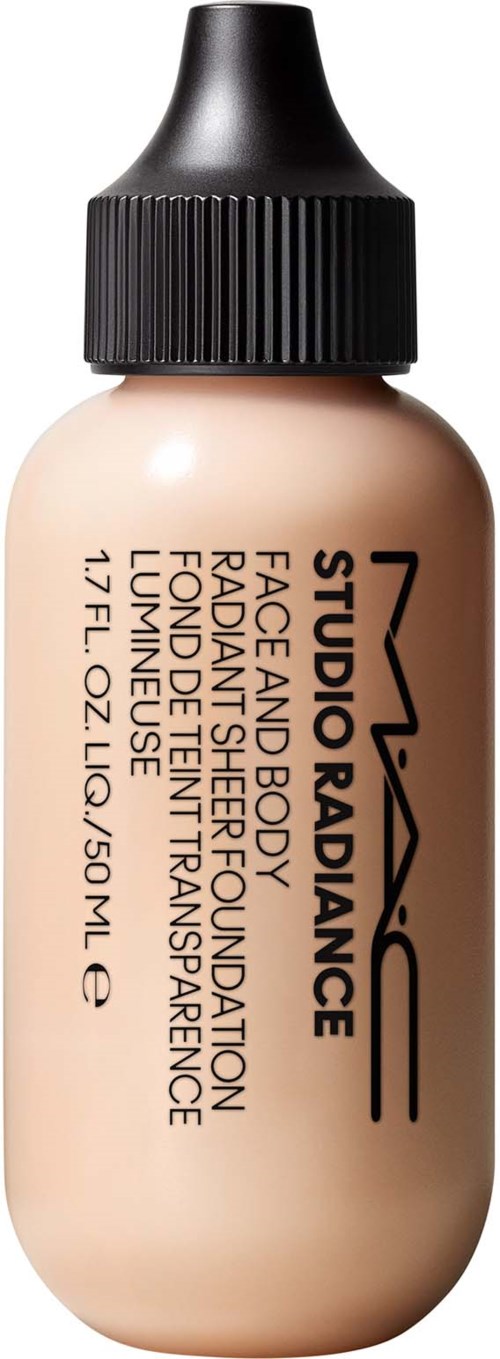 A small bottle of MAC Studio Radiance foundation with a black cap, labeled with product details and brand name.