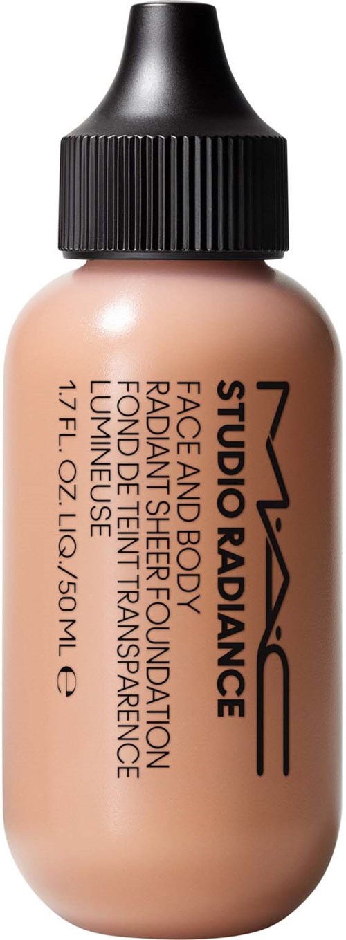 A small bottle of MAC Studio Radiance foundation, light beige color, with black cap, text on label describing product.
