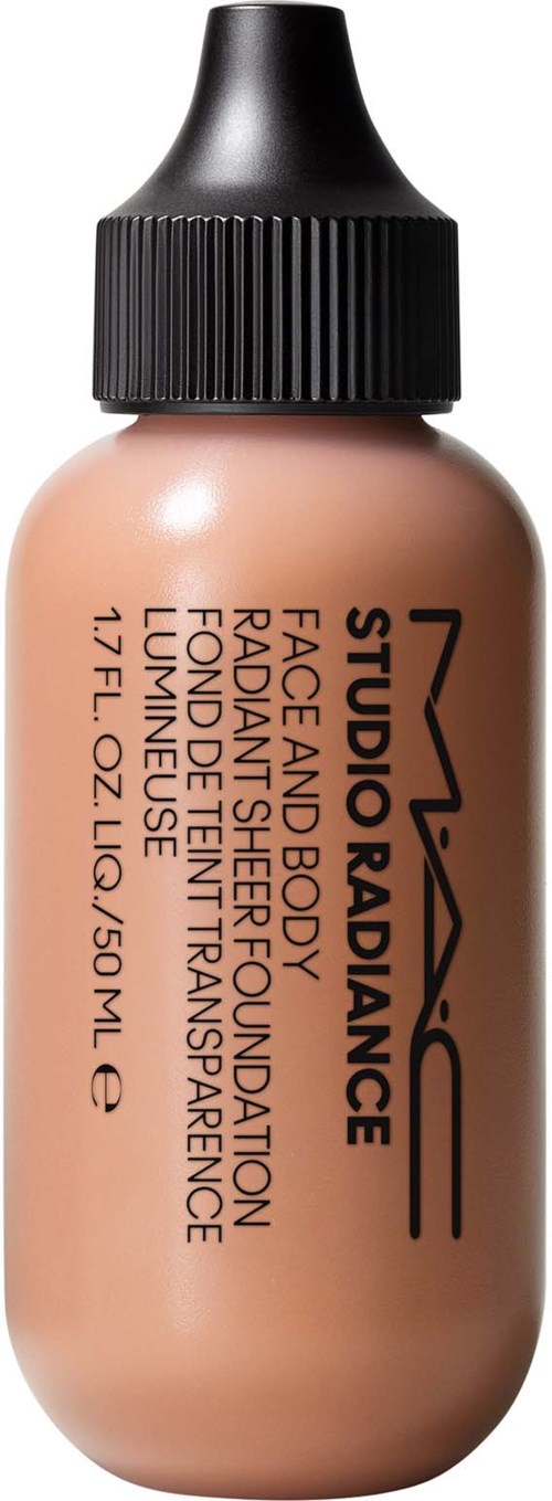 A small bottle of MAC Studio Radiance foundation with a black cap, peach-colored liquid inside.