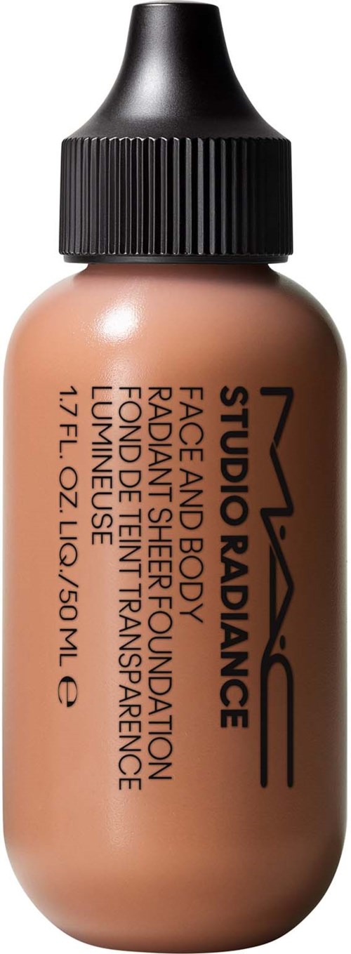 A bottle of MAC Studio Radiance Face and Body Foundation, in a light brown shade, with a black cap.