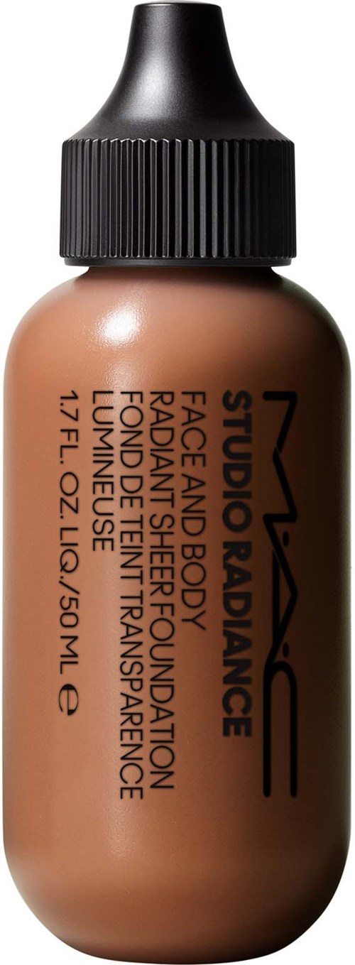A small bottle of MAC Studio Radiance face and body foundation in a beige shade with a black cap.