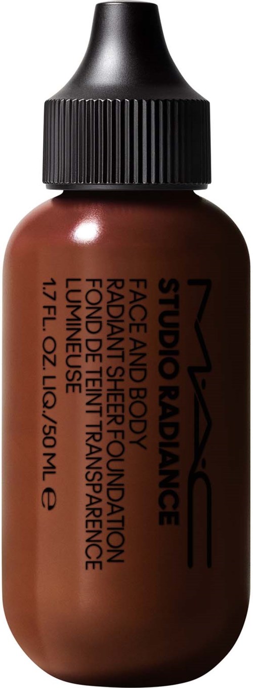 MAC Studio Radiance foundation bottle, brown color, with black cap and label, designed for skin and face makeup.