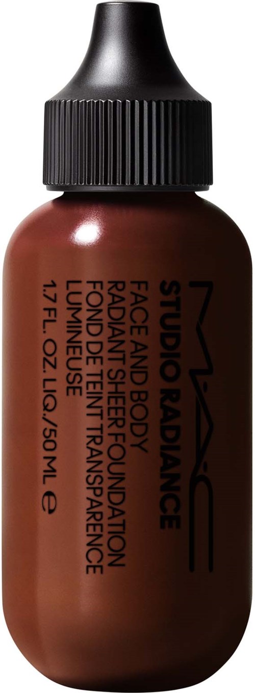 A small brown bottle with black cap, labeled MAC Studio Radiance face and body foundation, lightweight and transparent.