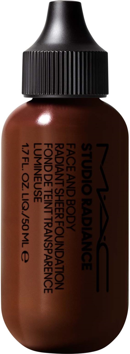 A small brown bottle with black cap, containing foundation makeup by MAC, labeled as Studio Radiance.