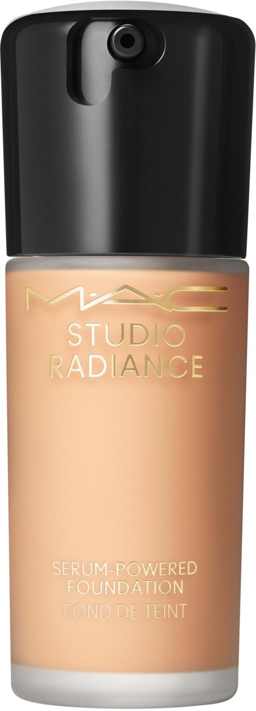 A tube of liquid foundation from MAC Studio Radiance with a black cap, and the label in light beige color.
