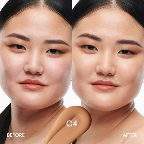 A woman with clear skin shown before and after makeup application, with a foundation product labeled C4.