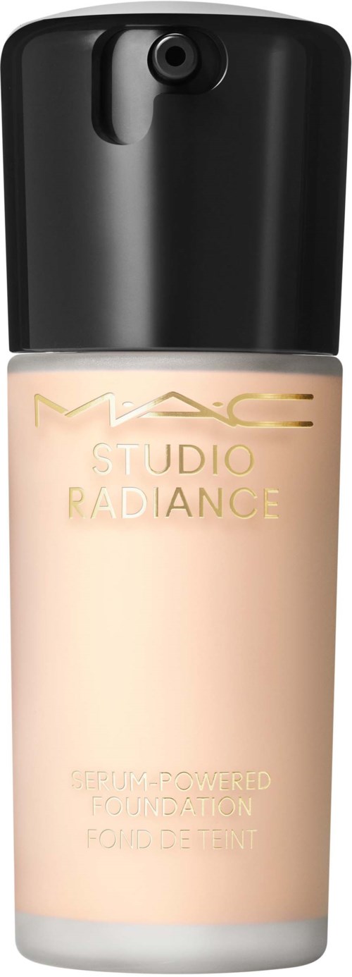 A bottle of MAC Studio Radiance foundation with a black cap and light-colored liquid inside.