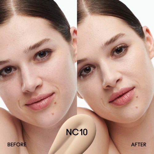 A woman shows clear skin improvement in a side-by-side comparison. Before and after images highlight skin changes, labeled NC10.