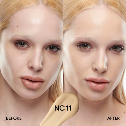 Two images showing a woman’s face before and after skin treatment, with a beige mark labeled "NC11" in between.