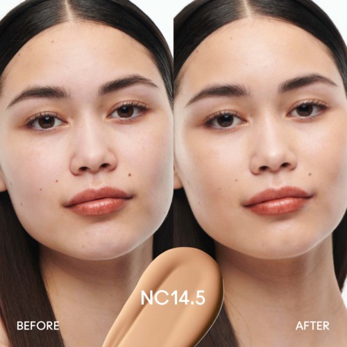 A woman's face shows before and after a skincare treatment, with smoother skin and fewer blemishes after.