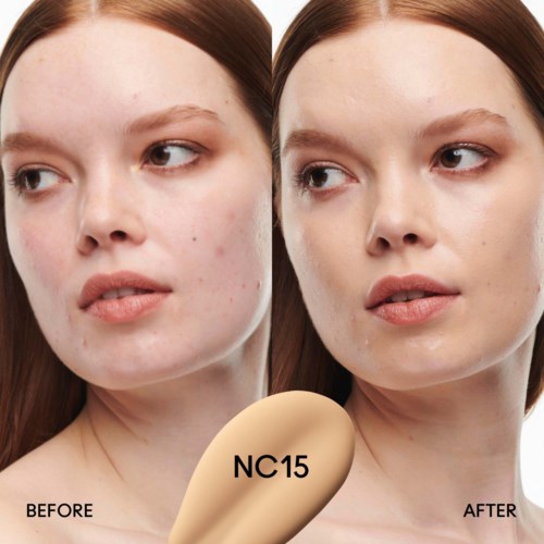 Shows a woman's face before and after skincare or makeup, with clearer skin in the after photo.