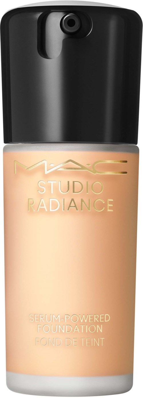 A foundation bottle with a black cap and beige liquid inside, labeled MAC Studio Radiance, serum-powered foundation.