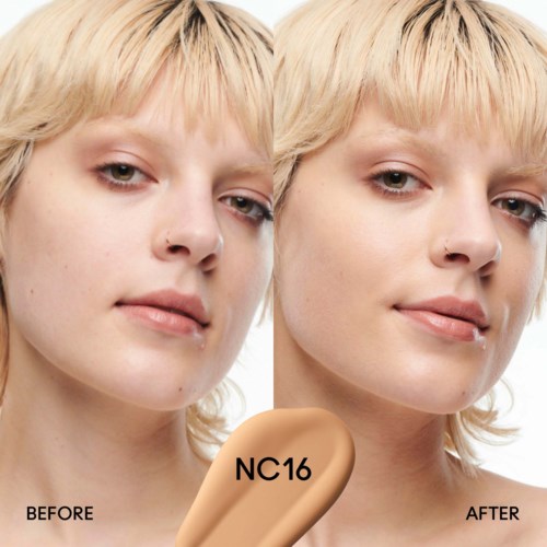 Before and after photos of a woman showing clearer and smoother skin. The woman has light hair and a gentle expression.