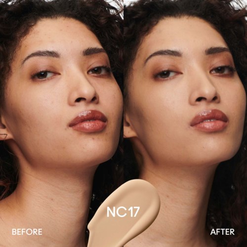 Two photos show a woman before and after makeup or skincare application, highlighting smoother and clearer skin.