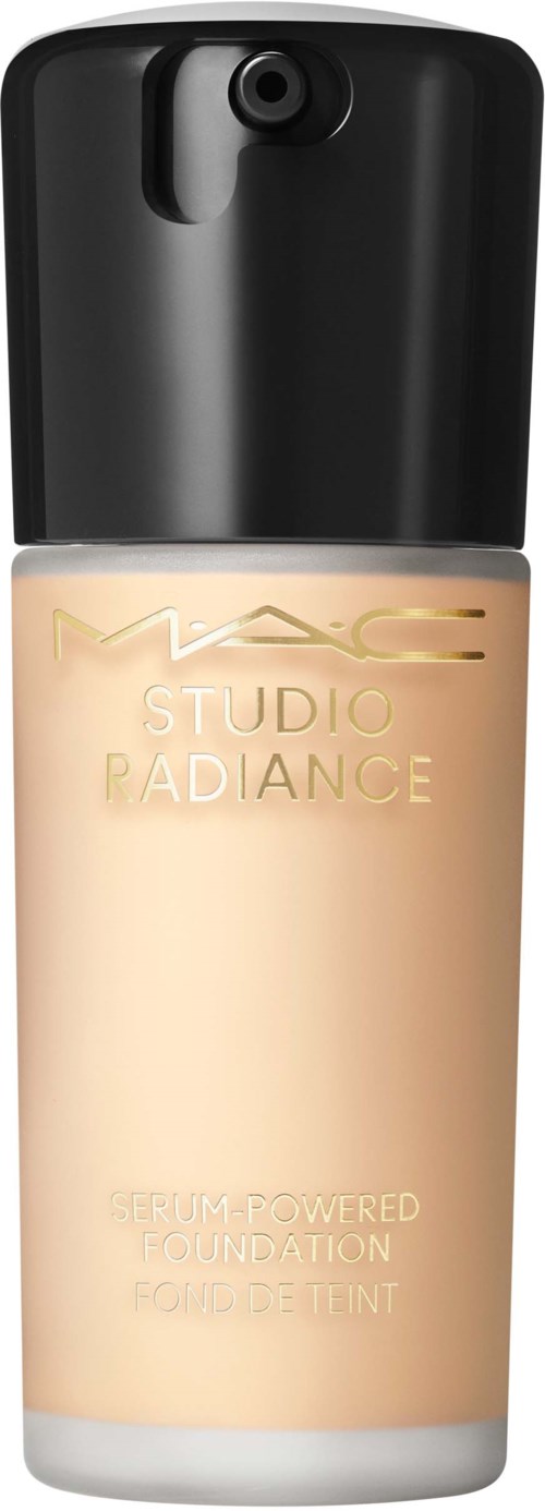 A foundation bottle with a black cap, light beige color, and gold text for MAC Studio Radiance.