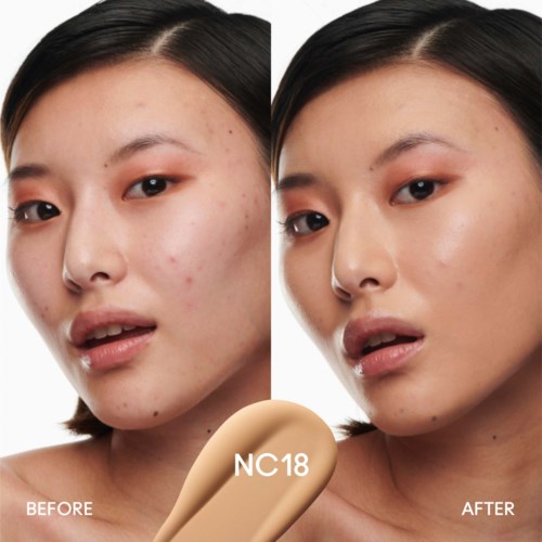 Before and after images showing skin improvement with makeup or skincare product. Label "NC18" on foundation.
