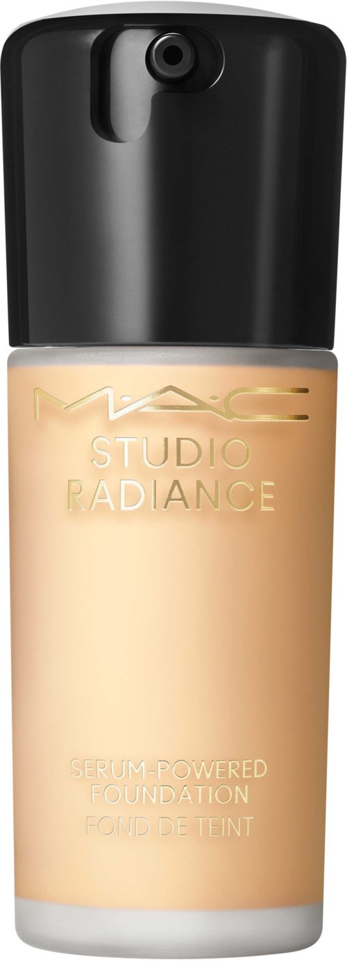 A bottle of MAC Studio Radiance liquid foundation with a black cap and beige liquid inside.
