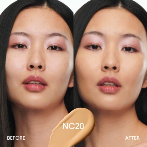 A woman shows a before and after facial improvement, likely with makeup or skincare, labeled NC20.