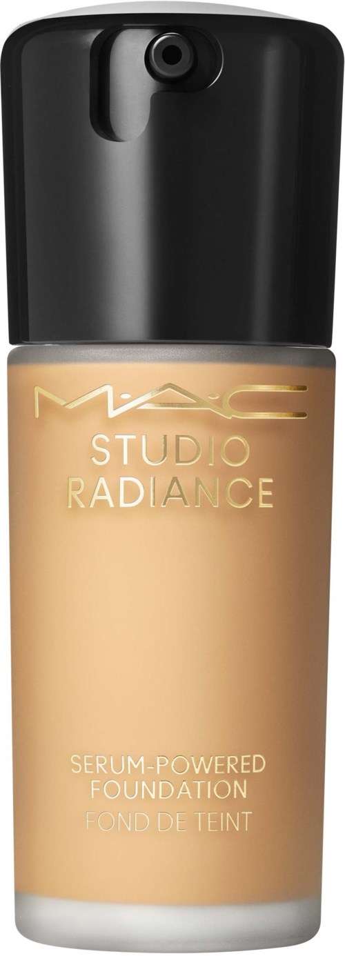 A bottle of MAC Studio Radiance foundation with black cap, beige liquid inside, and product name on the front.