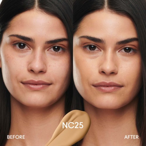 Two images compare a woman's face before and after skincare, showing clearer, smoother skin after using a product labeled NC25.