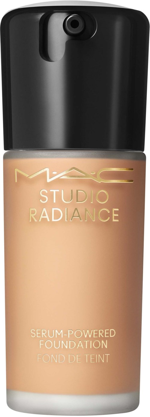 A bottle of MAC Studio Radiance liquid foundation with black cap, beige liquid inside, and brand name on the front.