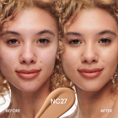 Side-by-side images of a woman showing clear skin before and after using a foundation labeled NC27.
