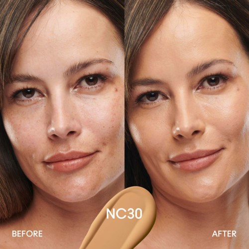 Side-by-side comparison of a woman with skin issues before and clear, smooth skin after using a product labeled NC30.