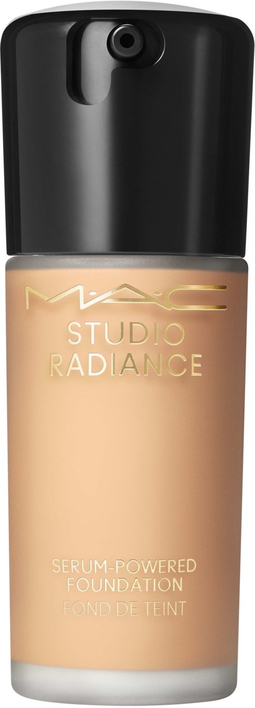 MAC Studio Radiance foundation in a beige bottle with a black cap. It is serum-powered and for the face.