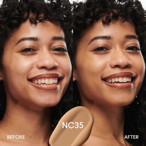 A woman shows a smile improvement after using a beauty product, with clear skin and bright eyes.