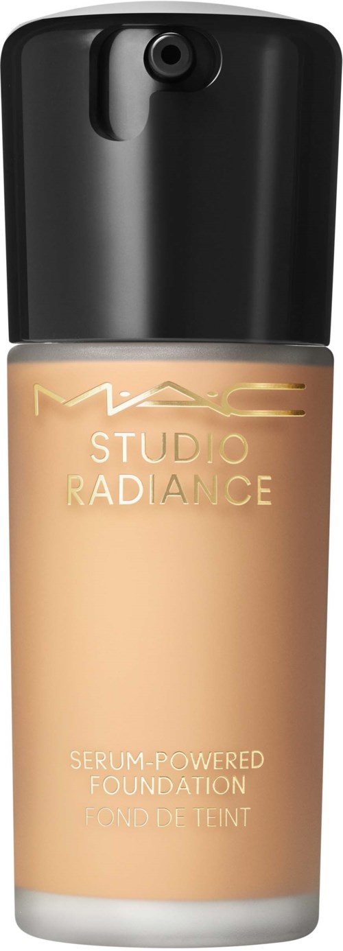 Bottle of MAC Studio Radiance serum-powered foundation in beige with black cap.
