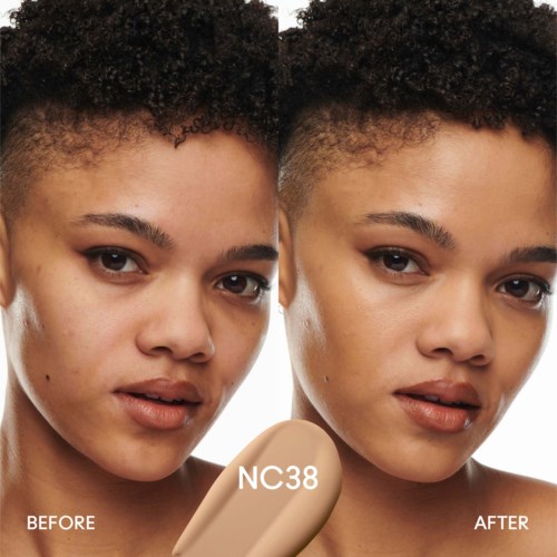 A woman shows a before and after photo of applying makeup using a foundation labeled NC38.