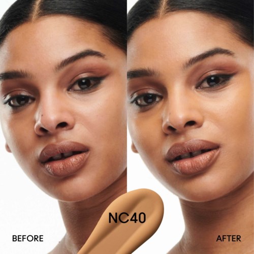 A woman's face showing before and after makeup or skin treatment, with a beige label marked 'NC40'.