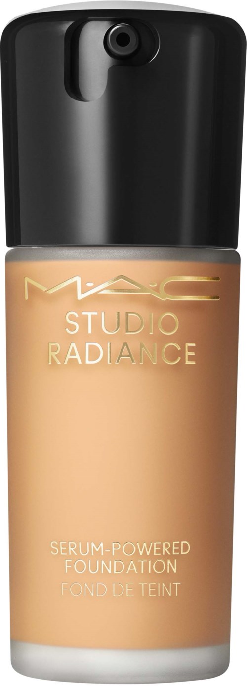 A bottle of MAC Studio Radiance serum-powered foundation, beige color, with a black cap and a small camera above.