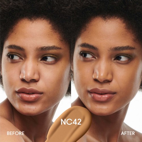 A side-by-side comparison shows a woman with smoother skin after using makeup or skincare product NC42.