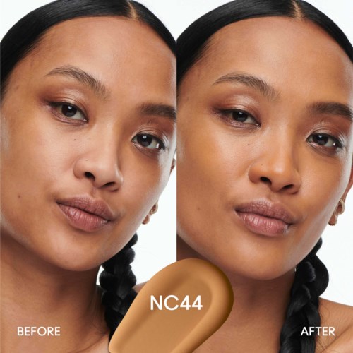 Side-by-side comparison shows a woman's face before and after skincare, with clearer skin after using NC44.