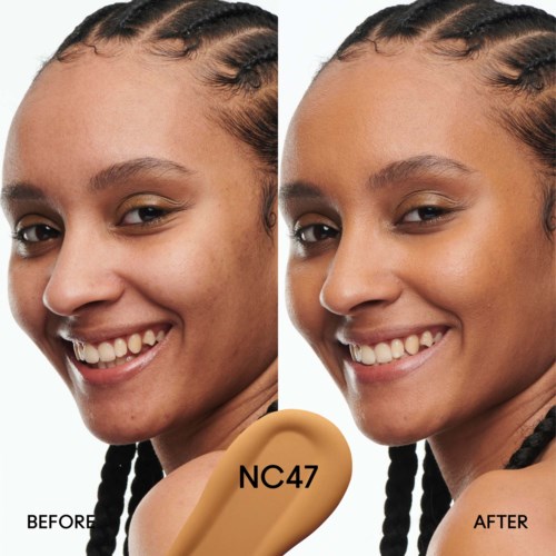A woman smiling before and after using a cosmetic product, showing improved skin tone and texture.