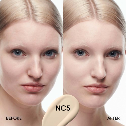 A woman's face showing before and after makeup or skincare improvement. The skin looks clearer and smoother in the after image.