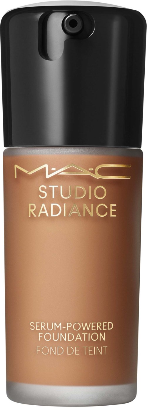 A bottle of MAC Studio Radiance foundation, with black cap and beige liquid inside.
