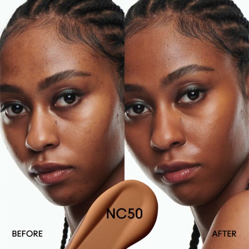 Two photos show a woman before and after using a skin product, focusing on skin improvement. Label: NC50.