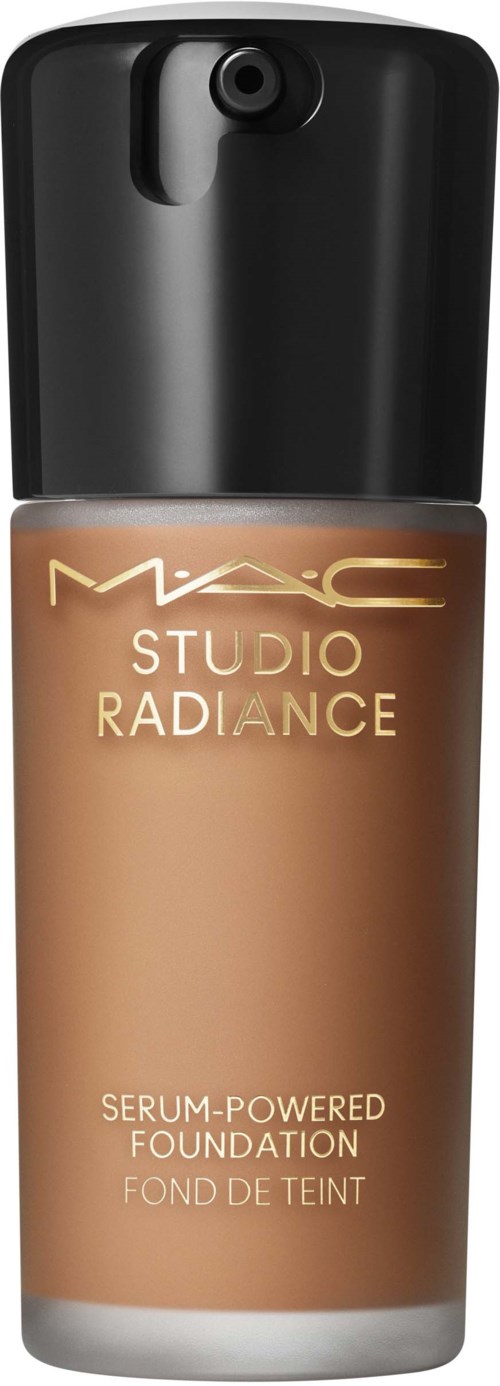 A bottle of MAC Studio Radiance foundation with a black pump cap. The label is tan with gold and white text.