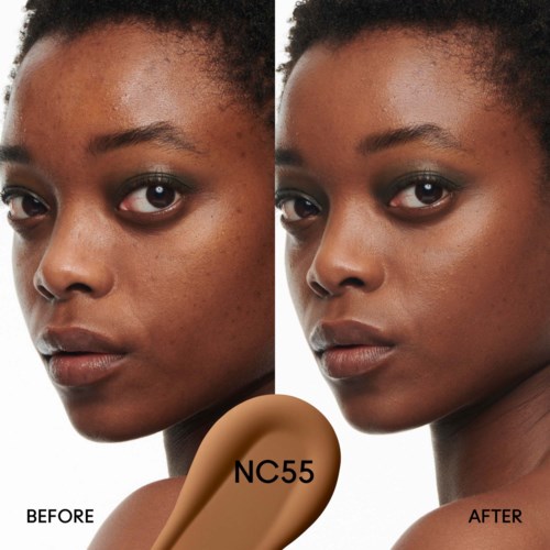 A side-by-side comparison showing skin improvement after applying a product labeled NC55.