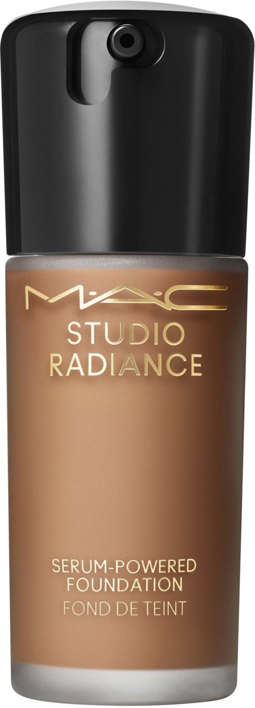 A MAC Studio Radiance foundation bottle with a pump and black cap, in a beige color.
