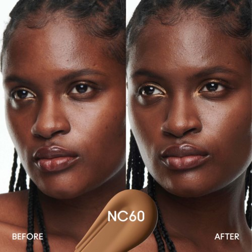 The image shows a woman’s face before and after skin treatment, with improved skin smoothness and reduced blemishes.