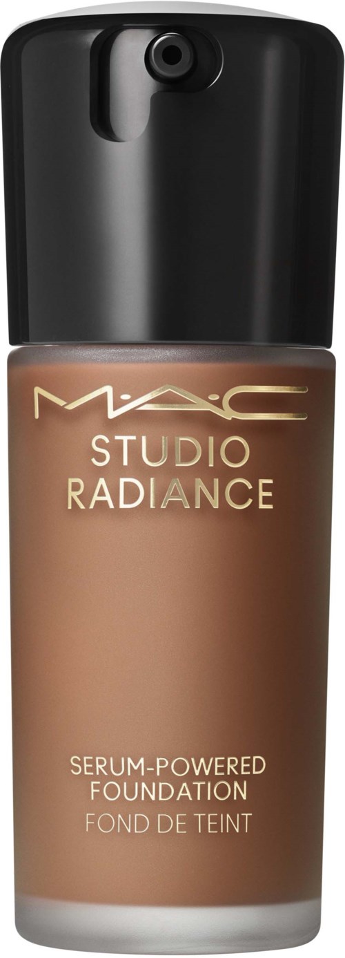 A foundation bottle with black cap labeled MAC Studio Radiance, serum-powered, in a beige shade.