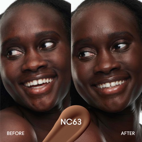 A woman with smooth skin, smiling before and after makeup, showing improved skin tone and glow.