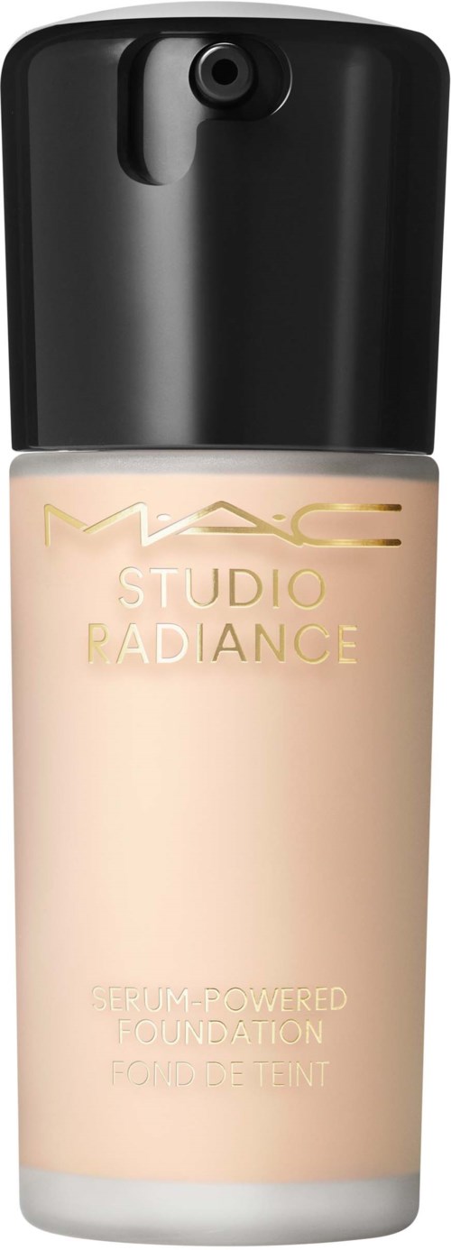 A foundation bottle with a black cap, light-colored liquid inside, and gold text reading 'MAC Studio Radiance'.