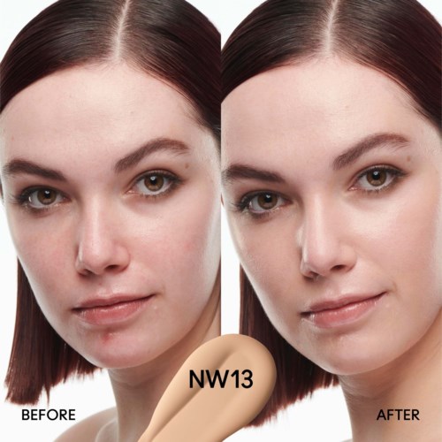 A woman with clear skin, showing a skincare 'before and after' comparison, with a skincare product labeled NW13.