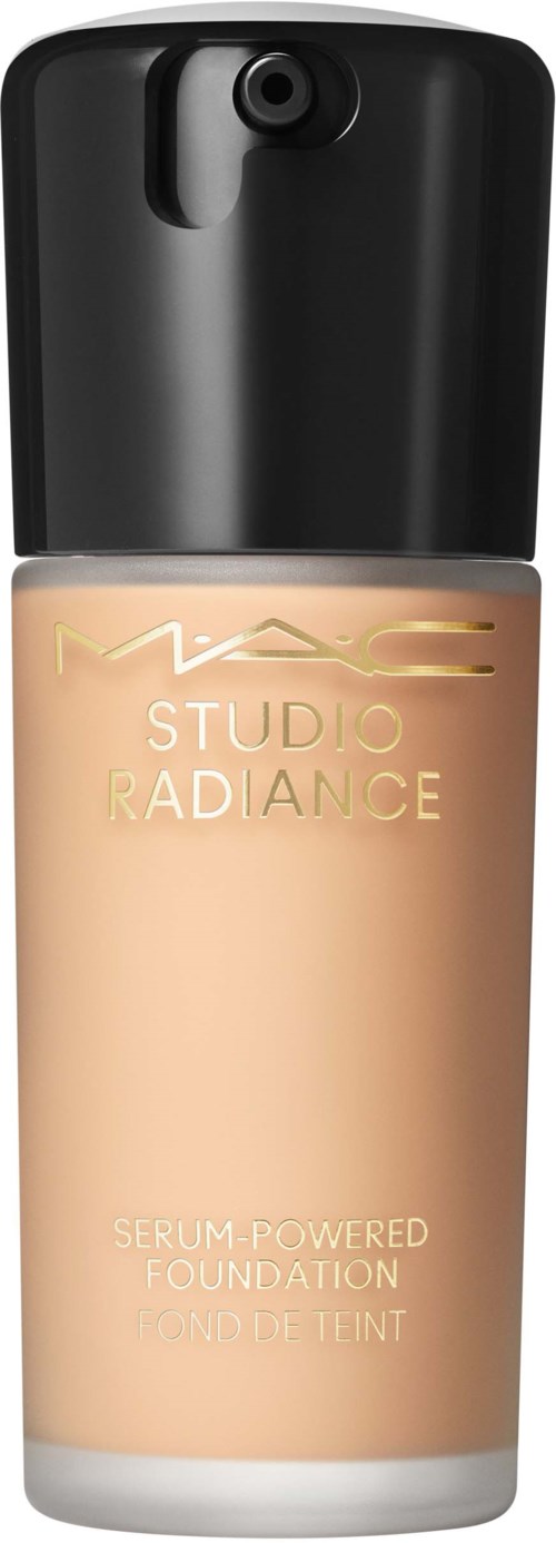A bottle of MAC Studio Radiance liquid foundation with black cap, beige color, and gold text on the front.