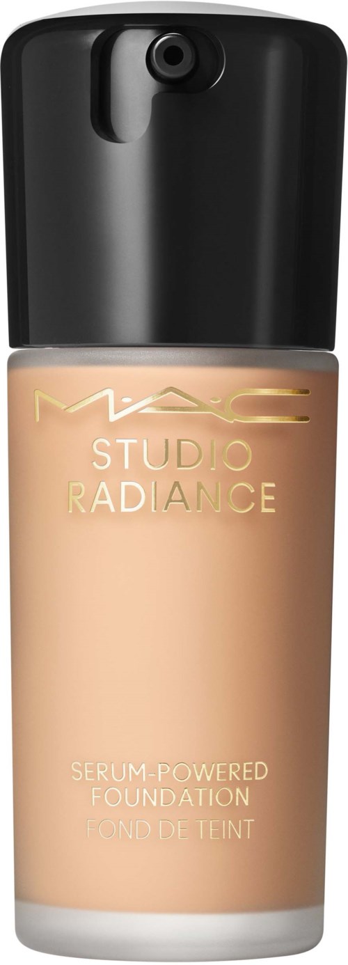 Foundation bottle with black cap, beige liquid inside, labeled MAC Studio Radiance, serum-powered.